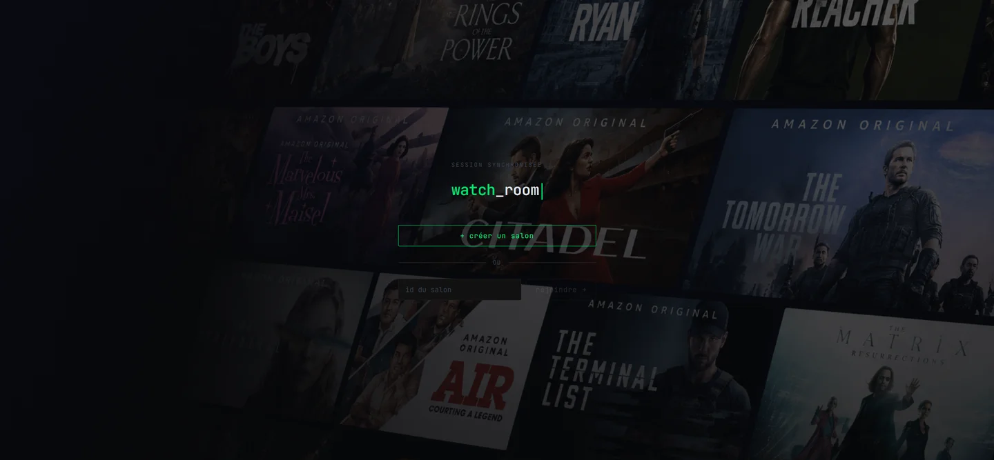 Accueil Watch Room sur fond d’affiches de films, avec création et accès à un salon