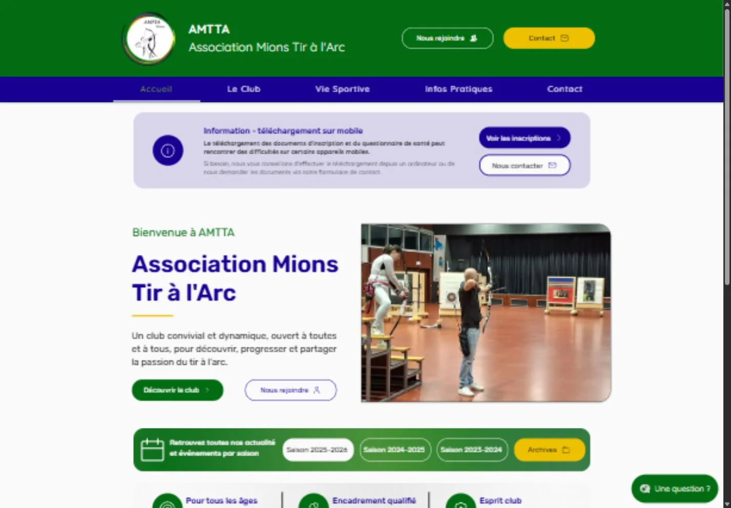 Accueil du site AMTTA avec son bandeau vert, sa navigation bleue et la présentation du club de tir à l’arc
