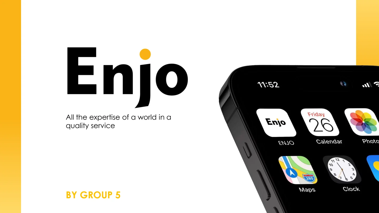 Couverture de la présentation Enjo, avec le logo noir et jaune et une mise en situation sur téléphone